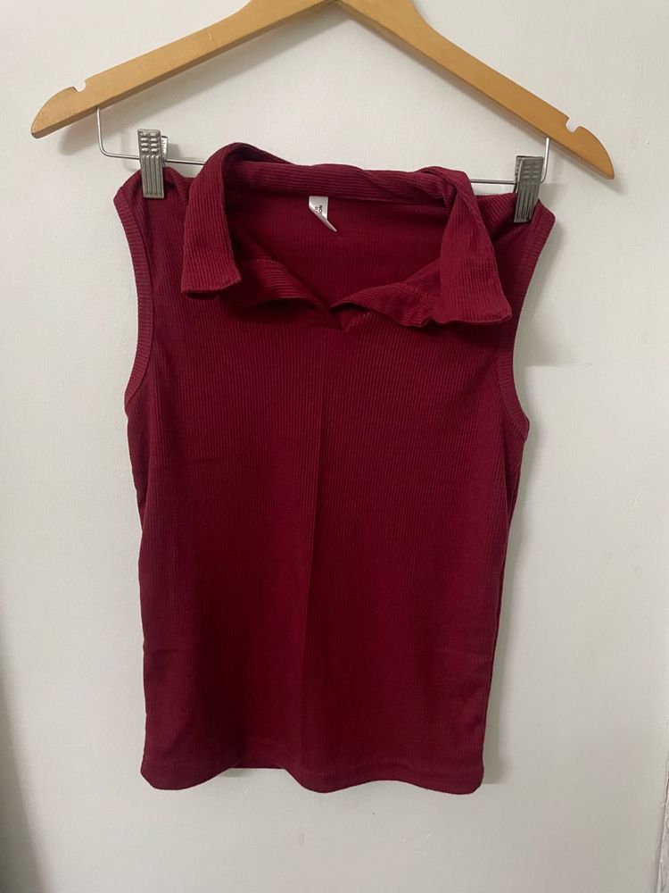 Sleeveless Collared Cherry Ribbed Top