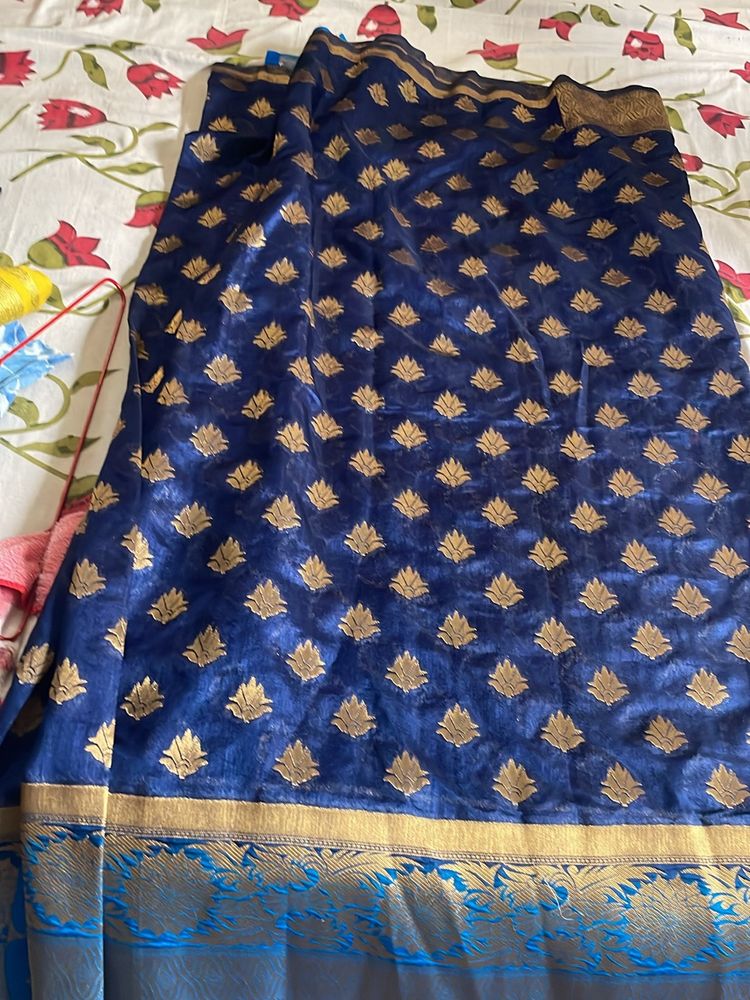 Silk Navy Blue With Sky Blu Border (with Blouse)