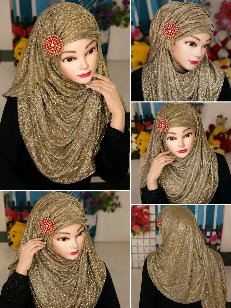 Gold Shimmer Hijab with Brooch