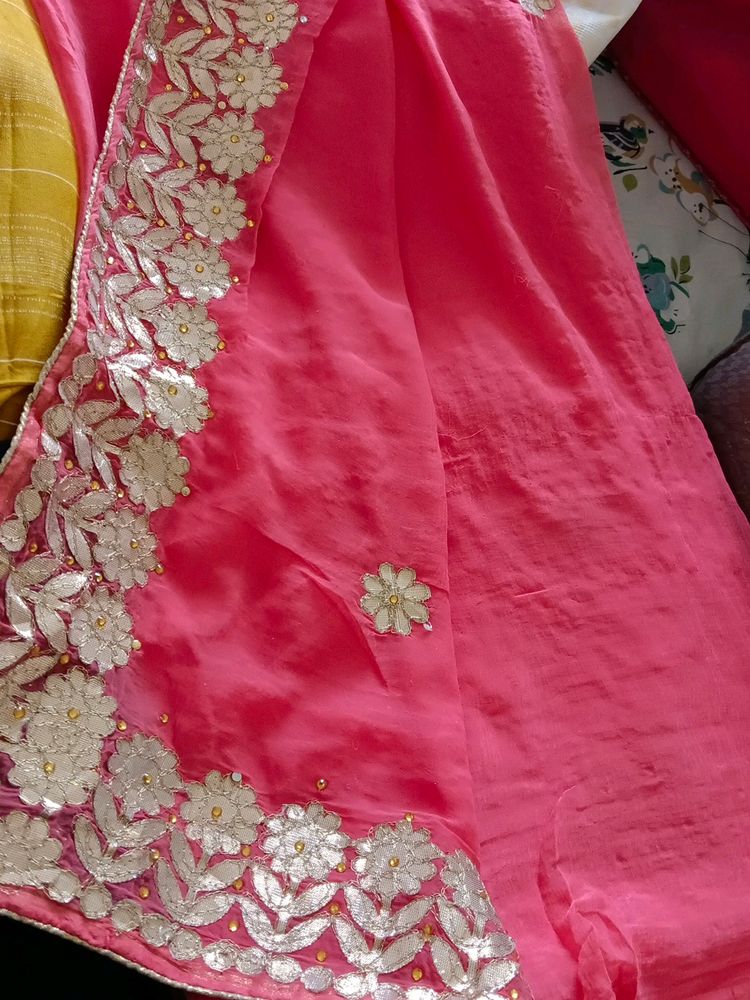 Prach Color Heavy Gotta Patii Saree Chiffon Material