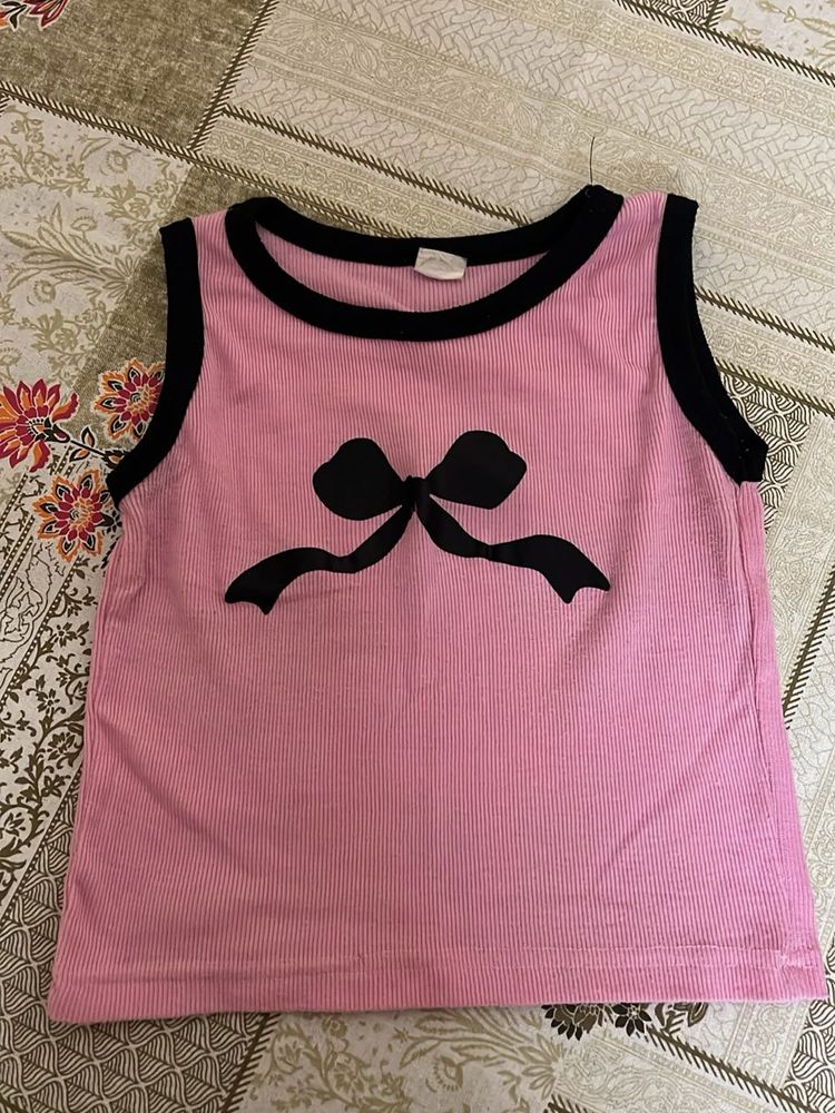 Cute Pink Ribbed Tank Top with Bow