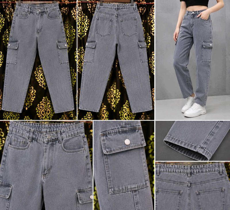 grey washed cargo denim jeans