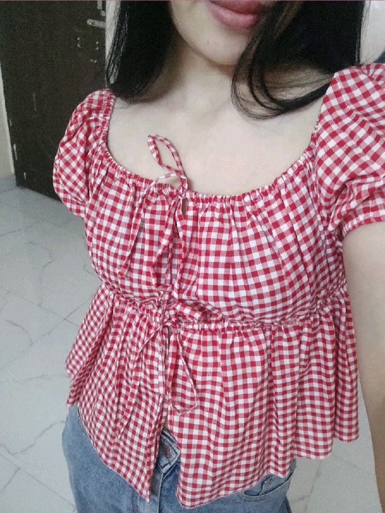 Red Gingham Puff Sleeve Top