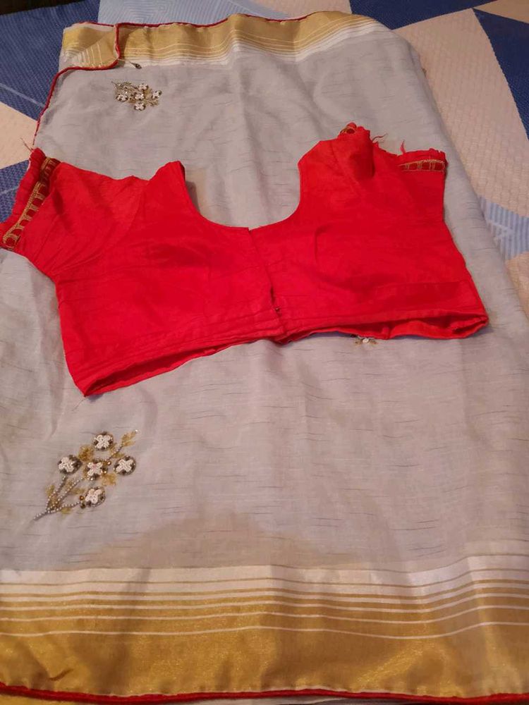 Cotton Work Saree With Stitched Blouse