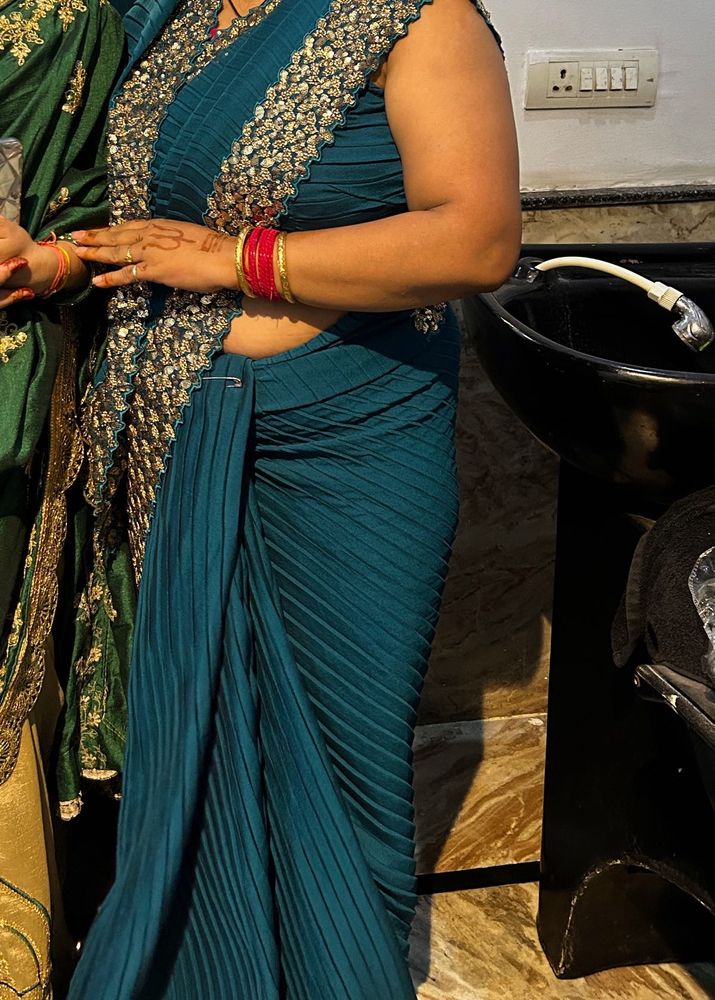 Elegant Teal Pleated Saree