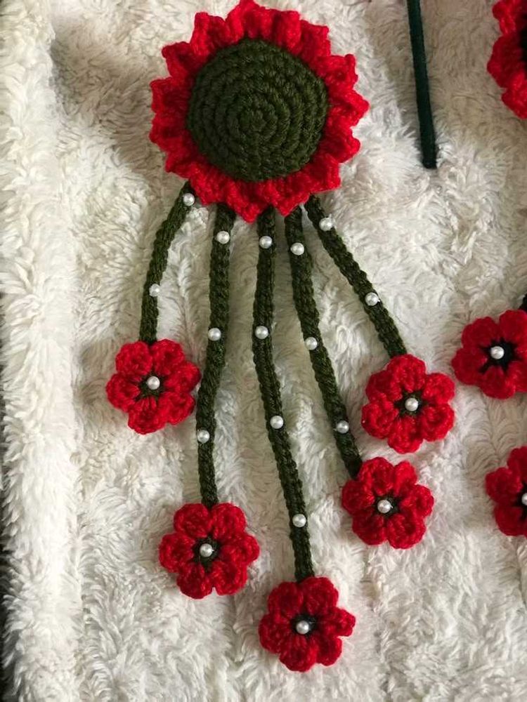 Handmade Crochet Red Flower Dupatta Accessory