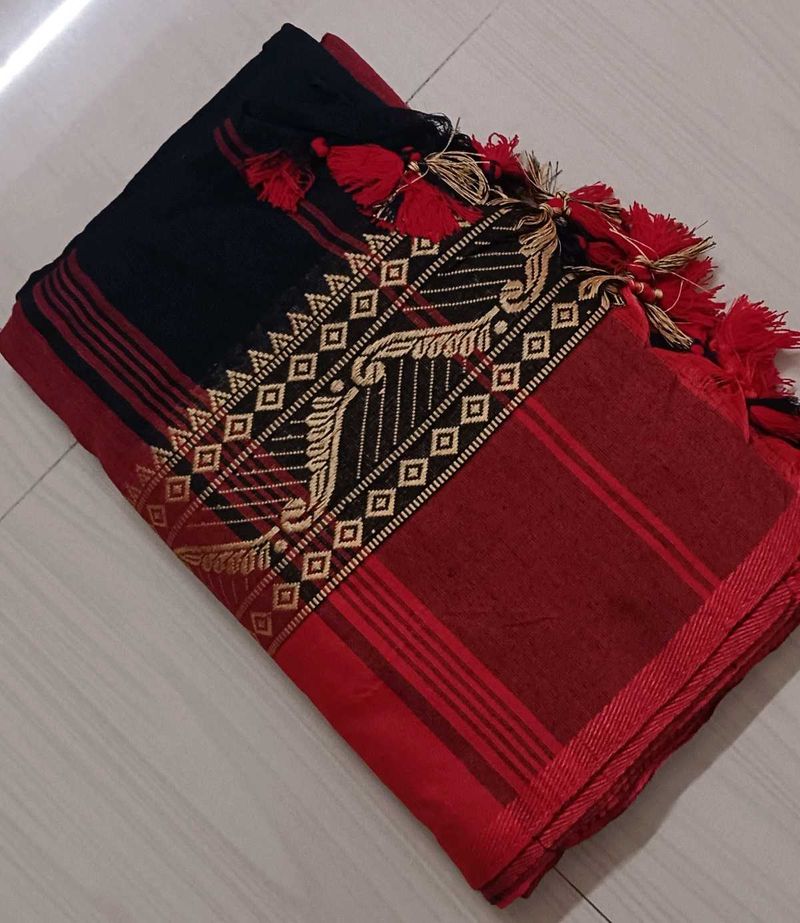 80)New Elegant Black &amp; Red Handloom Saree