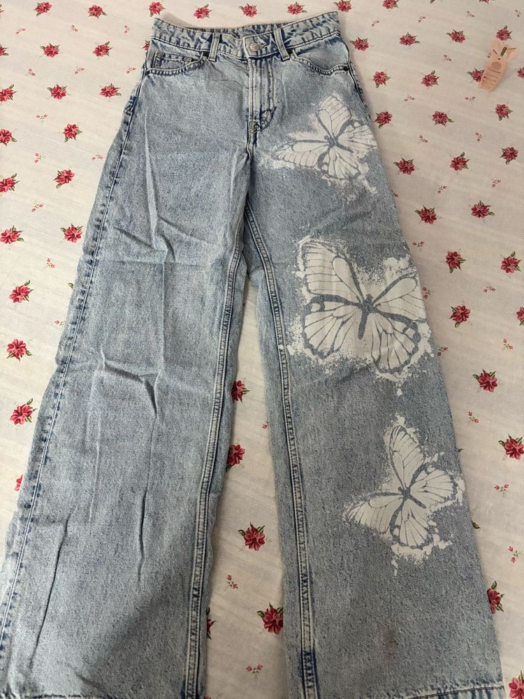 Wide Leg Jeans with Butterfly Print
