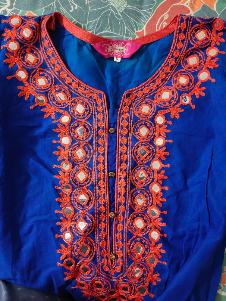 New Kurta Blue With Orange Embroidery