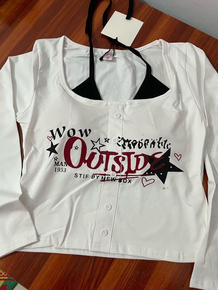 White Graphic Long Sleeve Crop Top
