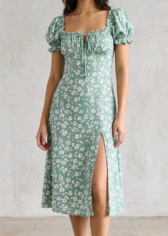Green Floral Puff Sleeve Dress