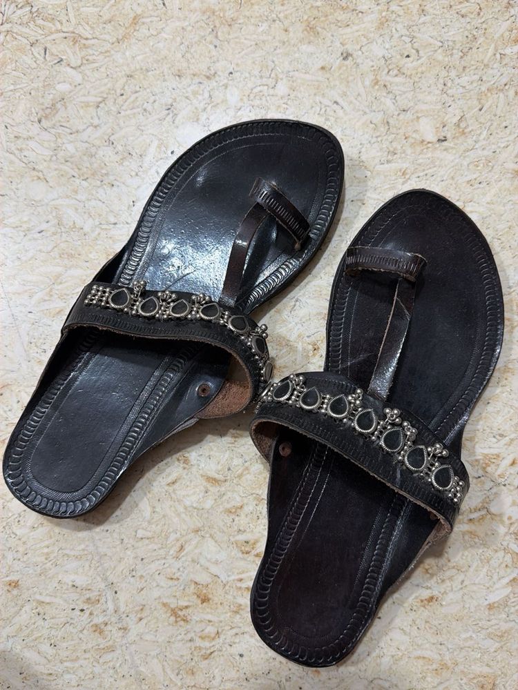 Black Leather Kolhapuri Style Sandals
