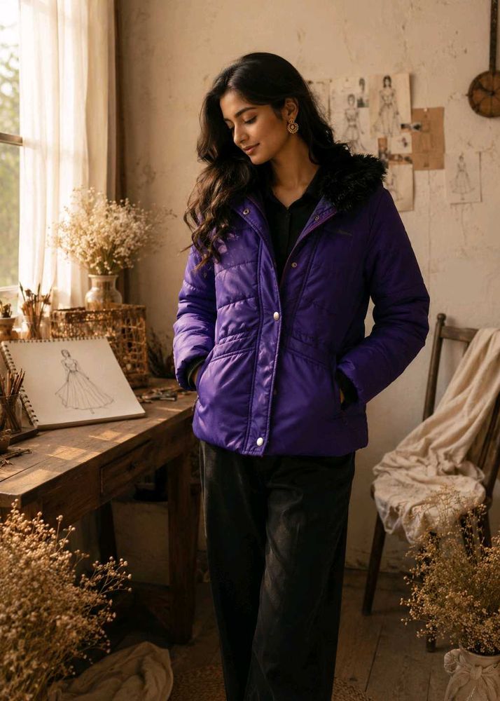 Purple Puffer Jacket with Fur Hood
