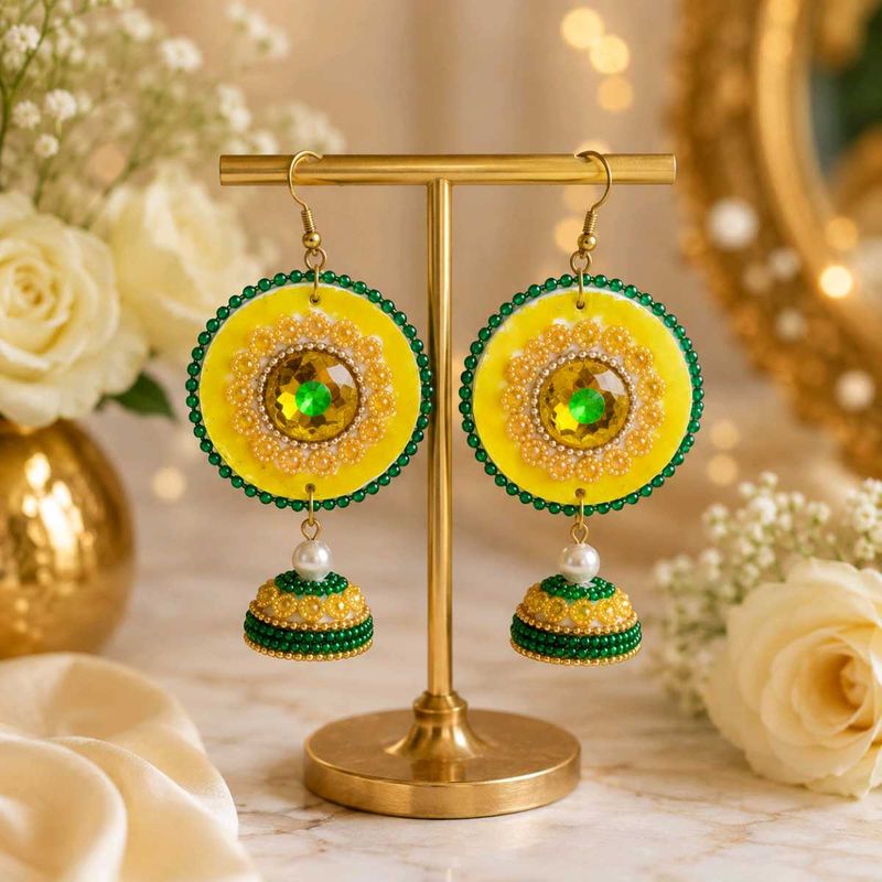 Vibrant Yellow &amp; Green Jhumka Earrings