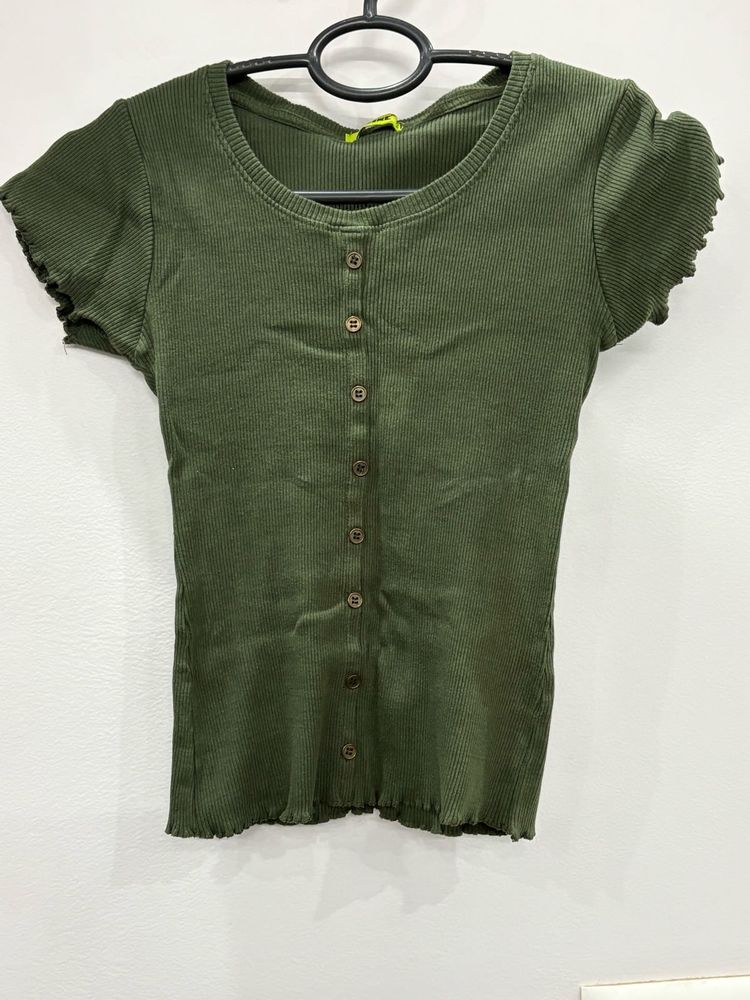 Olive Green Ribbed Button-Up Crop Top