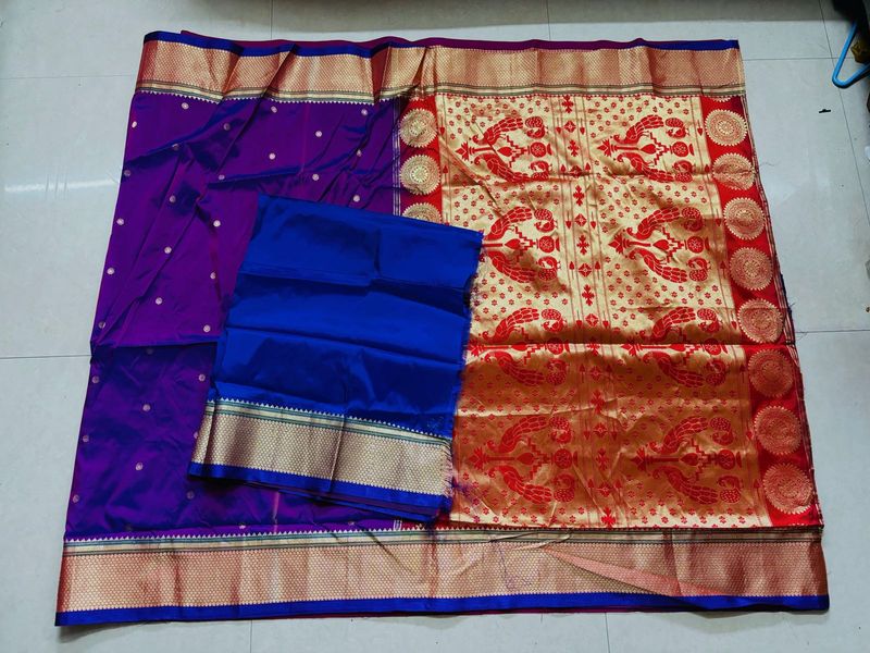 Purple Banarsi silk saree with blouse piece