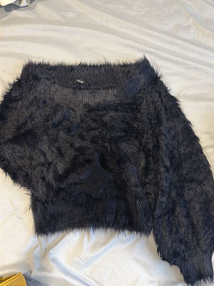 Black Fuzzy Off-Shoulder Sweater