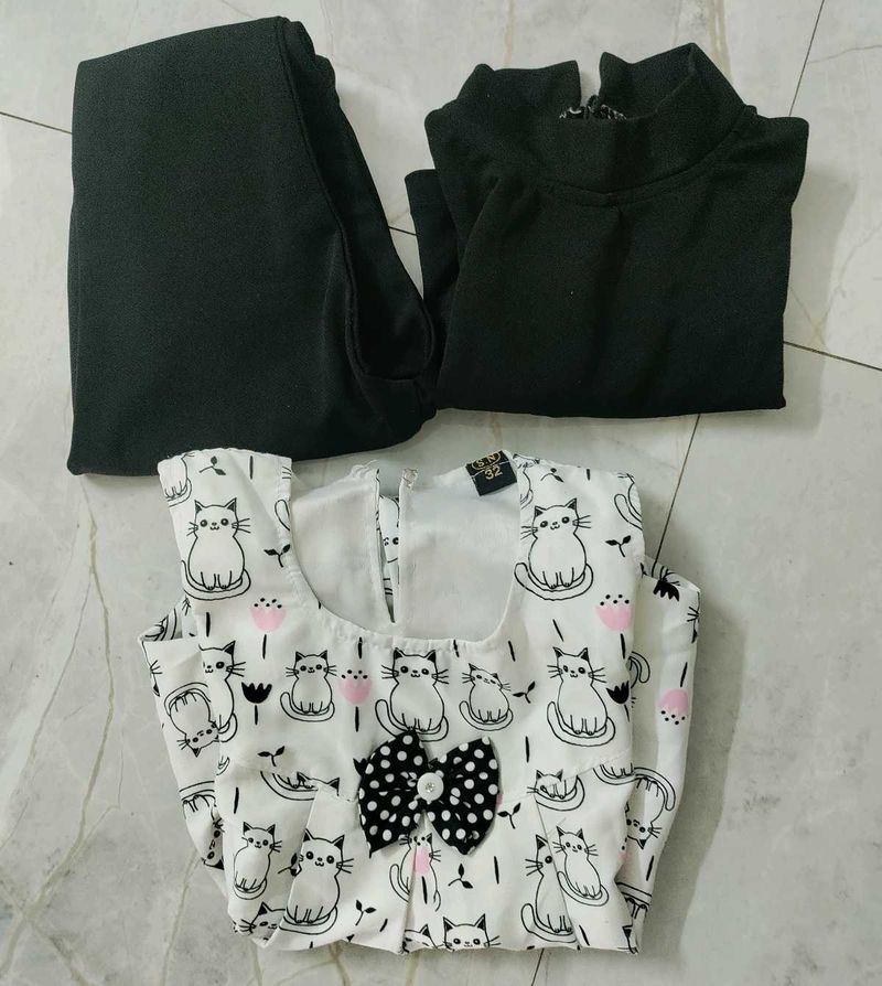 Cute Cat Print Dress &amp; Black Top Set