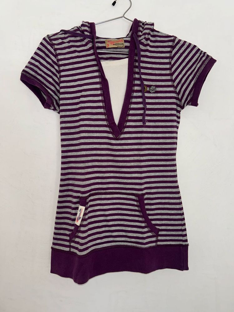Purple &amp; grey striped hoodie tee (S)