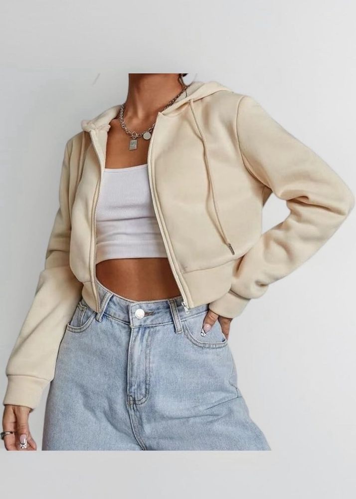 Cream Cropped Zip-Up Hoodie