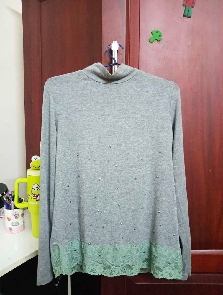 Grey Turtleneck Top with Lace Trim