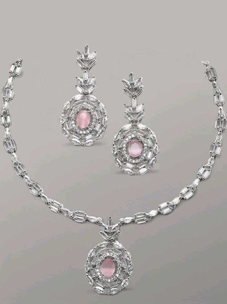 Elegant Pink Stone Necklace &amp; Earring Set (Zeneme)