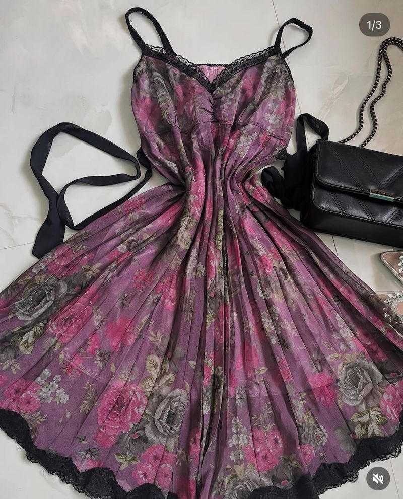 Floral Print Slip Dress with Lace Trim