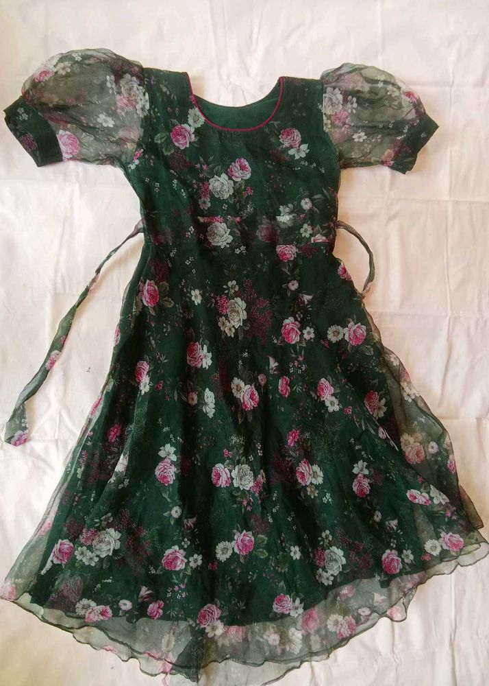 Dark Green Floral Maxi Dress with Puff Sleeves