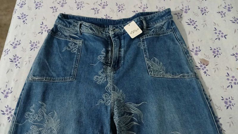 Embroidered Blue Denim Jeans