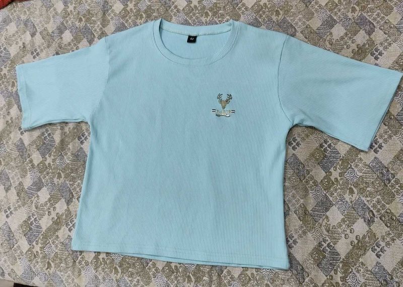 Cute Blue Ribbed T-Shirt with Embroidery