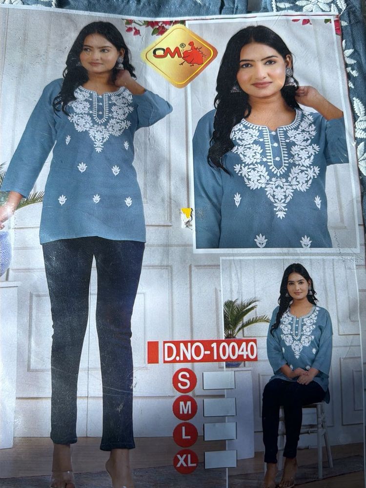 Embroidered Blue Cotton short Kurti