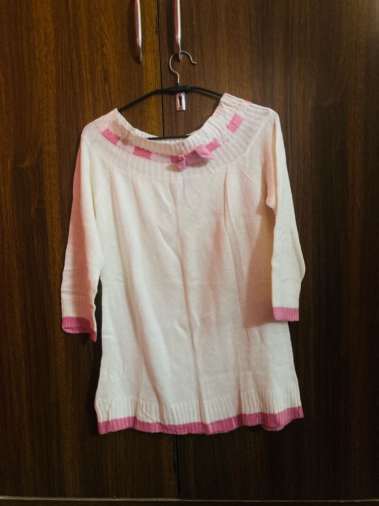 Soft White And Pink Colour Off Shoulder Top
