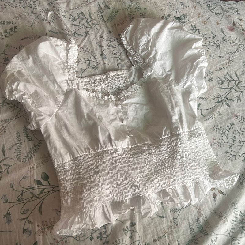 White Smocked Puff Sleeve Top