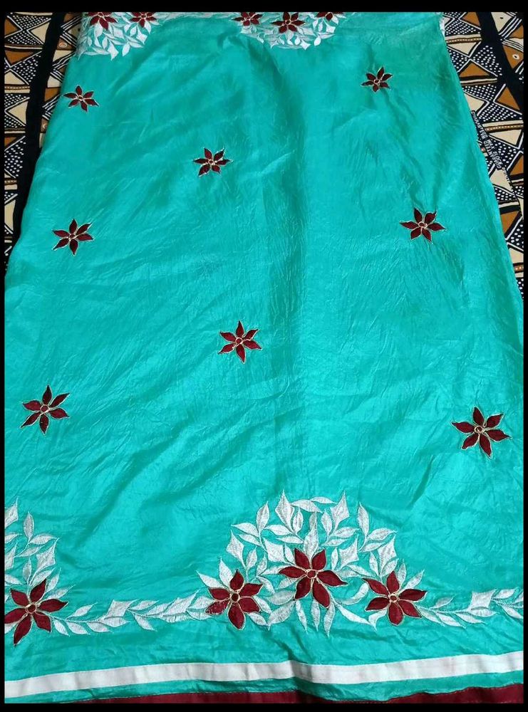 Teal Embroidered Silk Saree