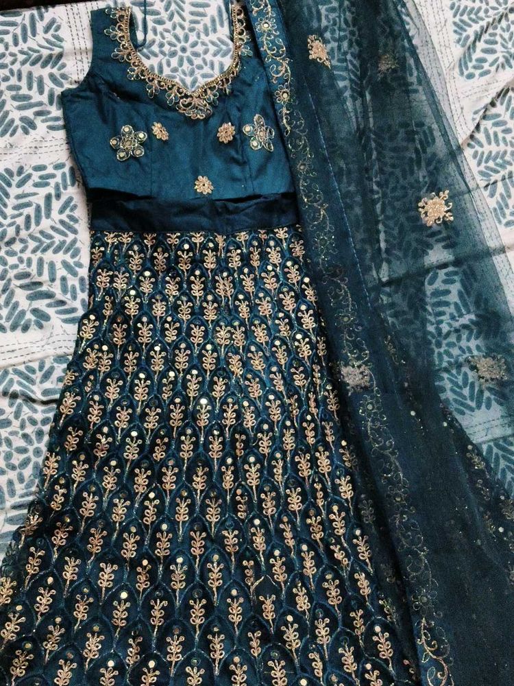 Stunning Teal Lehenga Choli with Gold Embroidery