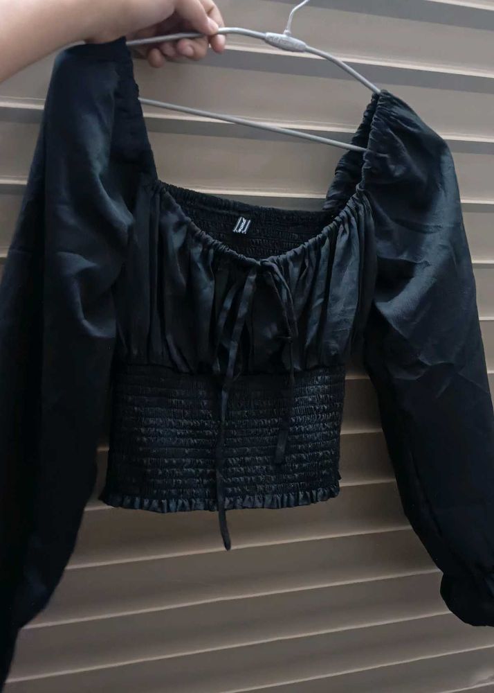 Black Smocked Square Neck Top