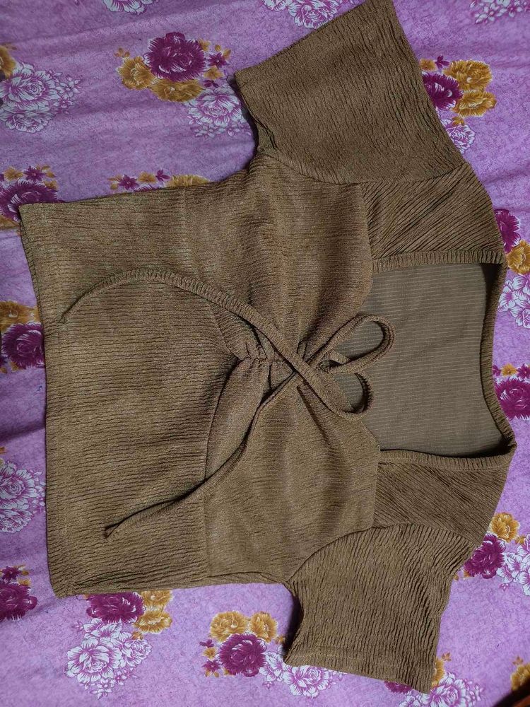 Brown Textured Blouse with Tie Detail