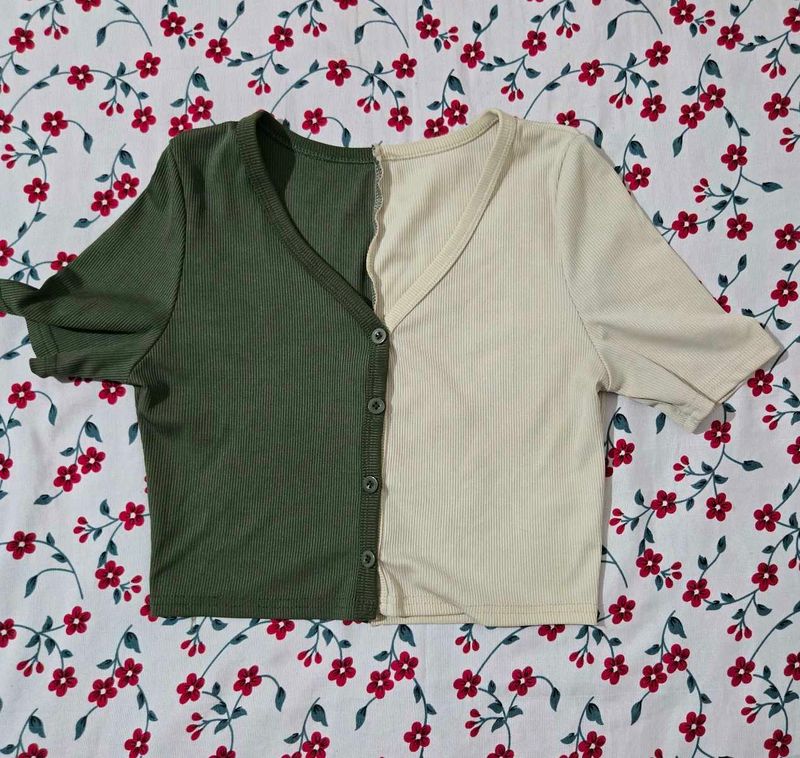 Two-Tone Ribbed Button-Up Crop Top