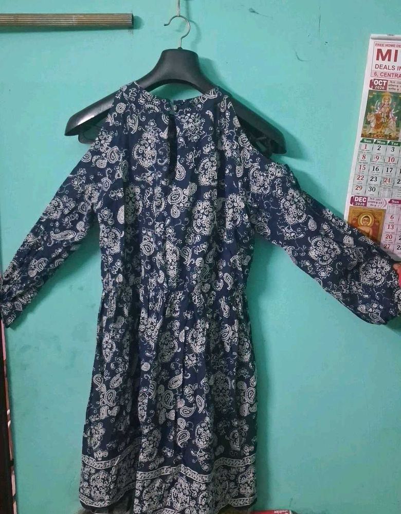 Navy Paisley Cold Shoulder Dress