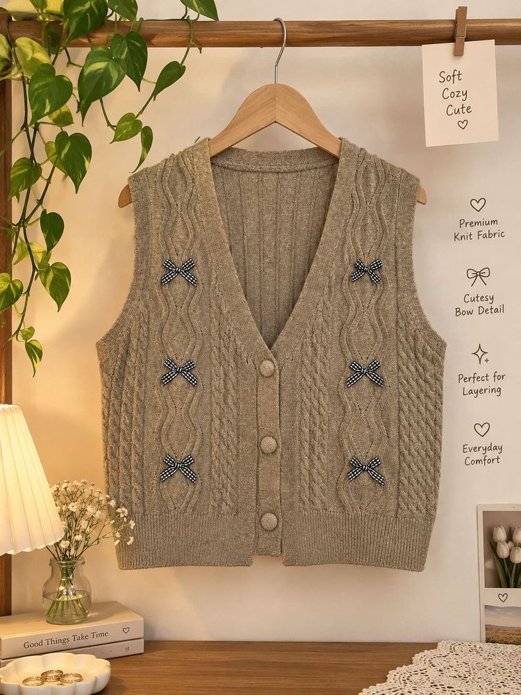 Cozy Knit V-Neck Vest with Bows