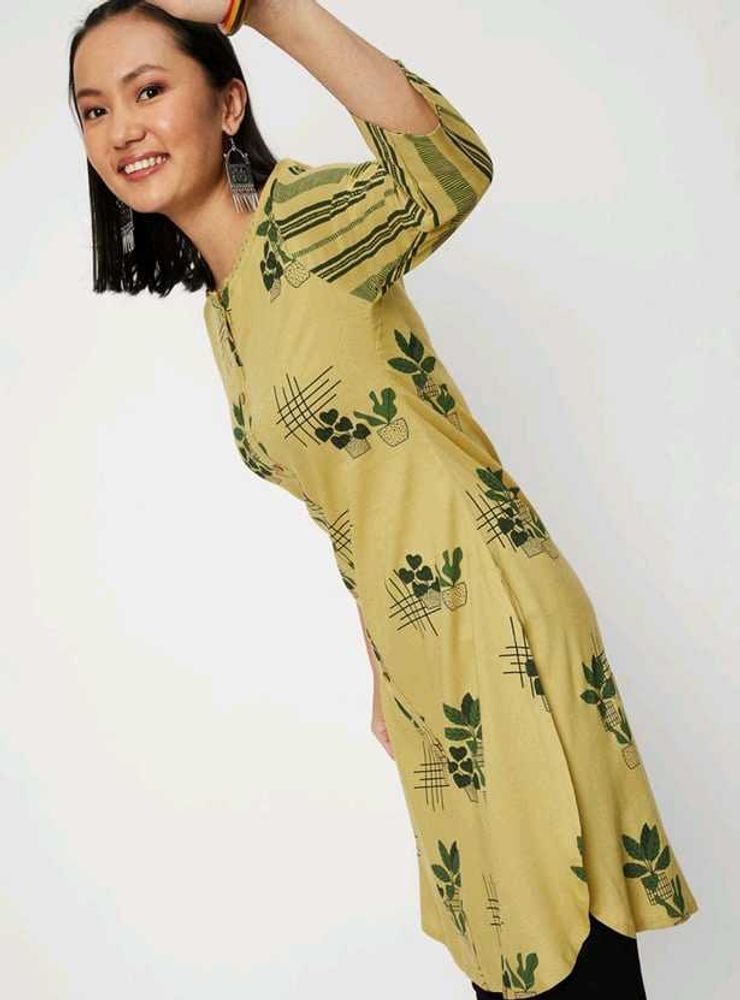 Pale Olive Green Kurta with Potted Plant Print