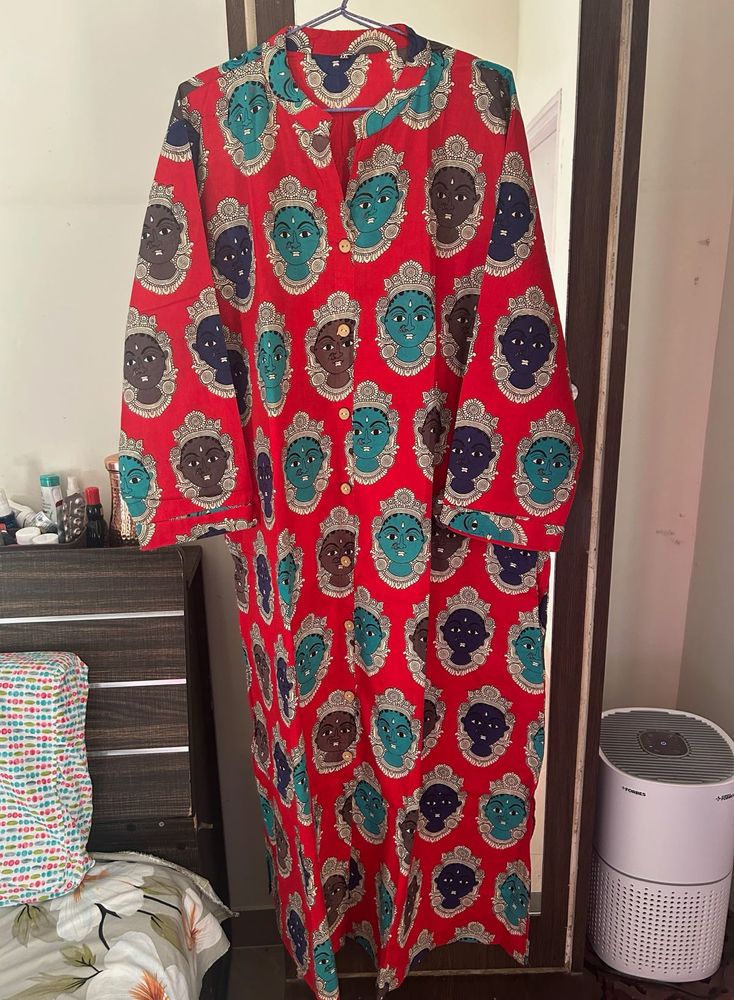 Vibrant Red Kurta with Unique Face Print