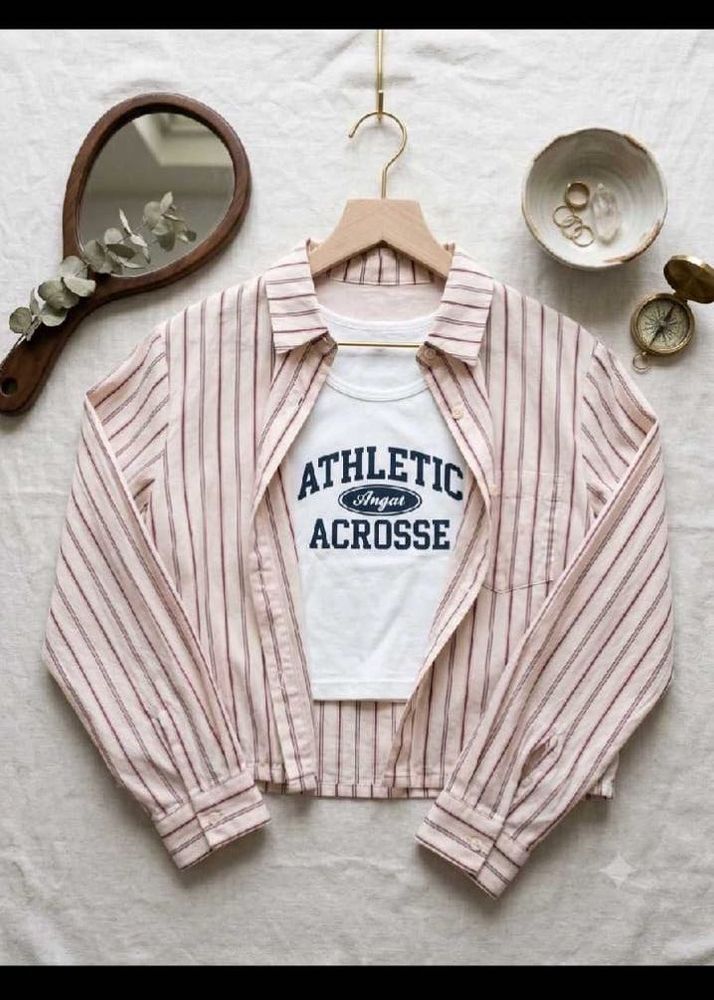 Striped Button-Up Shirt with Graphic Tee