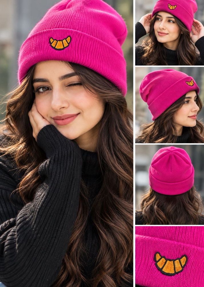 Pink Beanie Hat with Croissant Patch
