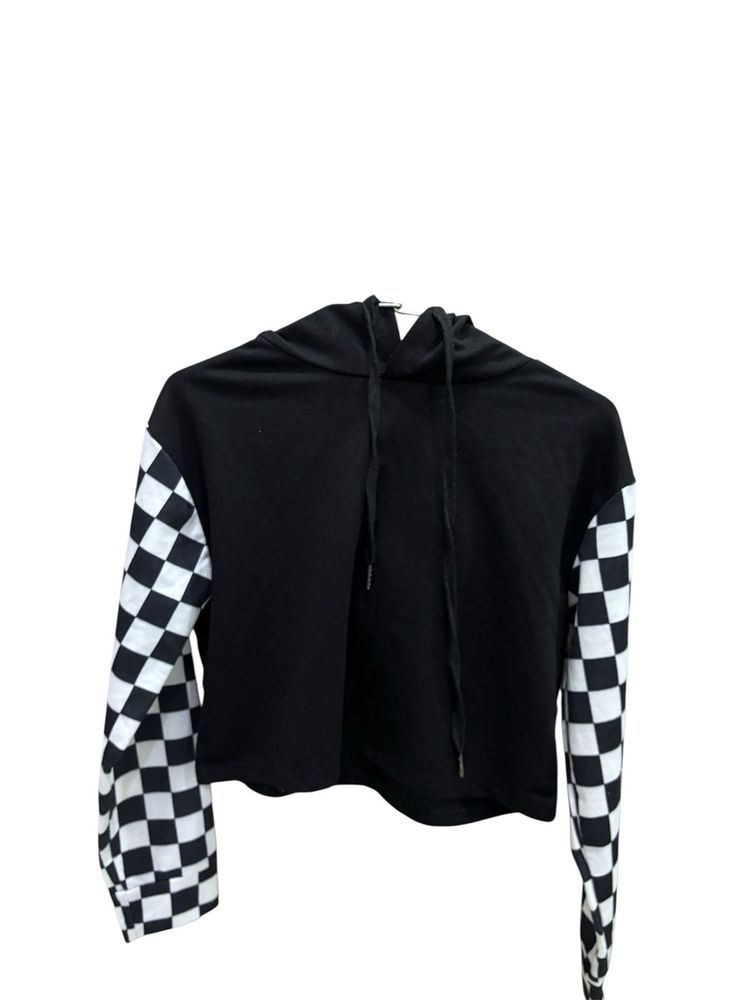 Checker Sleeve Crop Hoodie