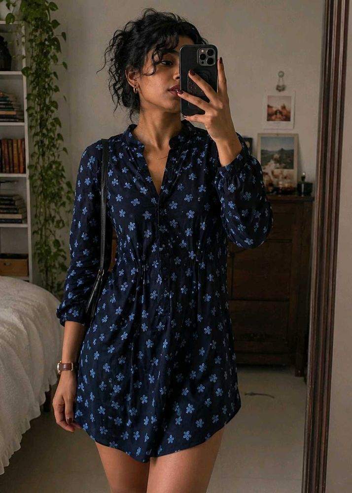 Navy Floral Print Button-Down Dress