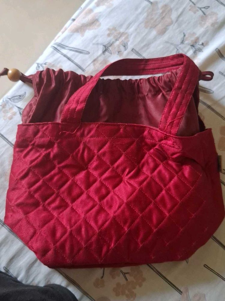 Quilted Red Drawstring Handbag