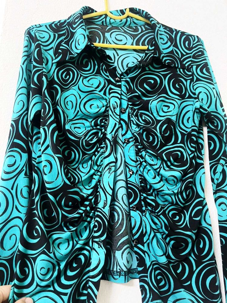 Turquoise &amp; Black Swirl Print Top