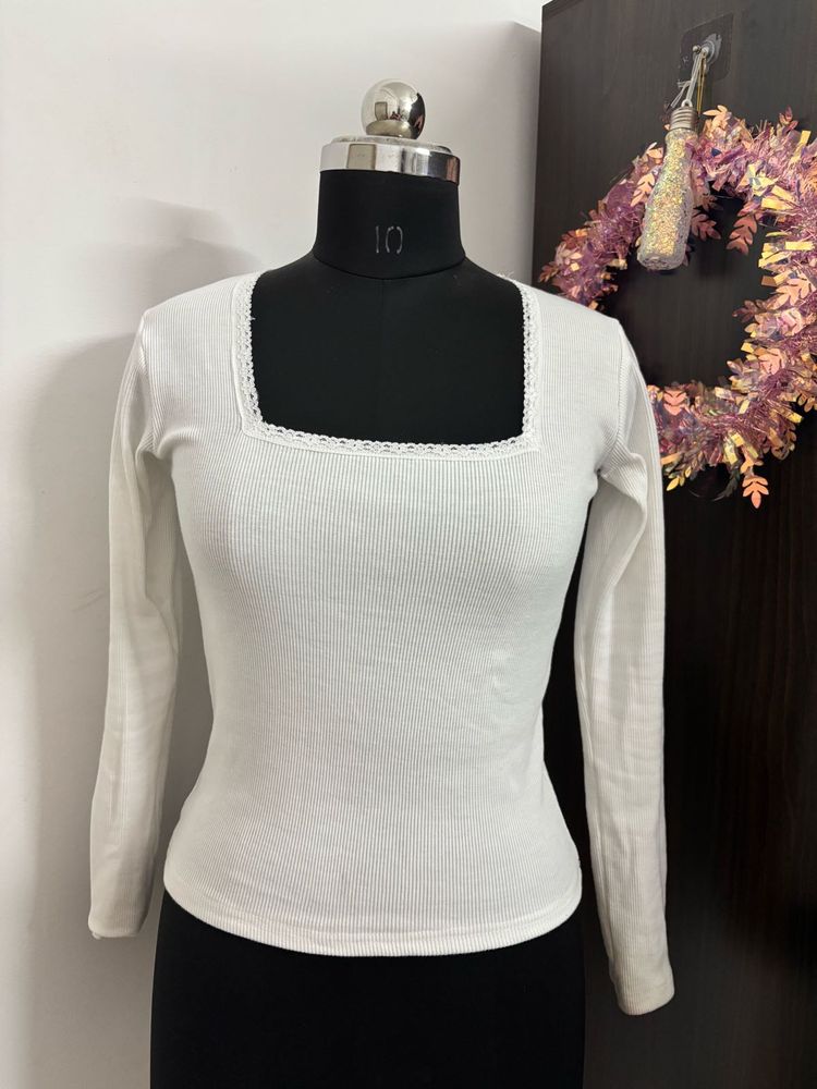 White Ribbed Square Neck Top with Lace Trim