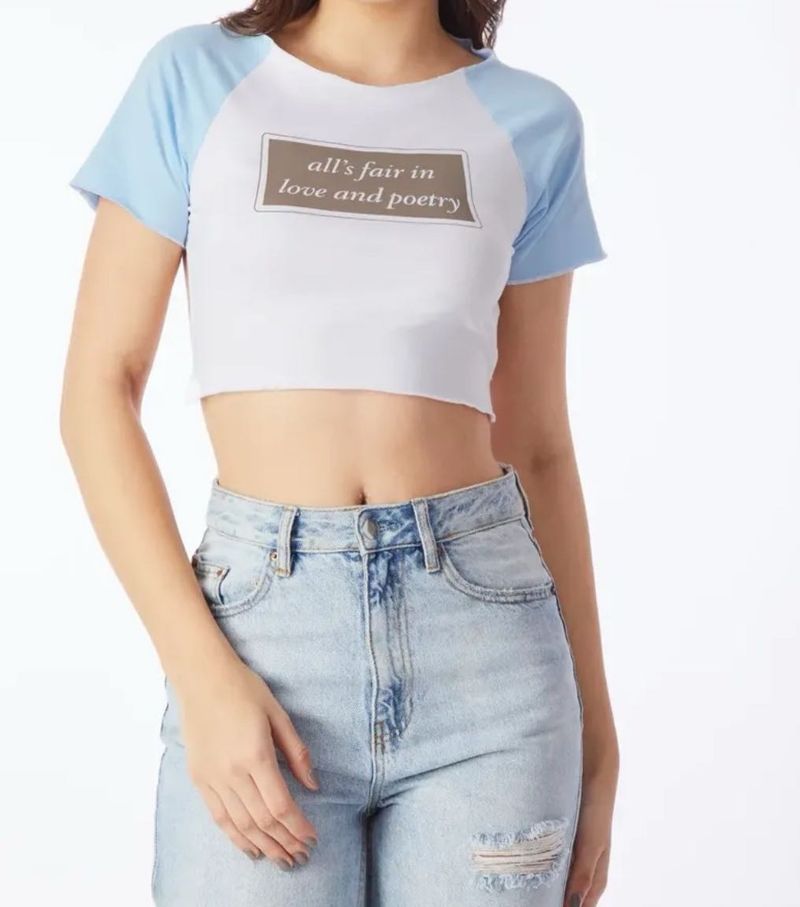 Blue Quote Printed Back Cut crop top